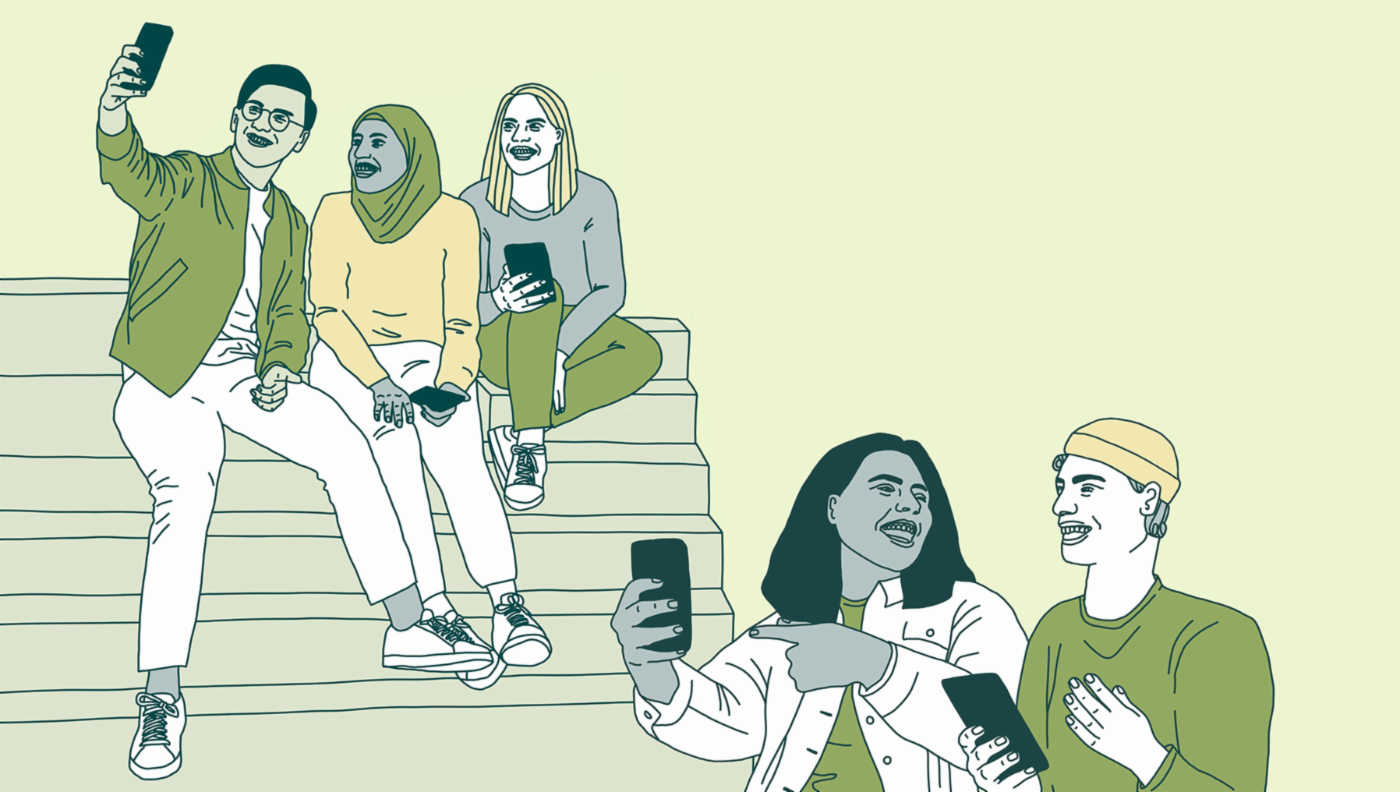 Tegning av fem ungdommer som snakker, ser glade ut og alle holder mobiltelefon